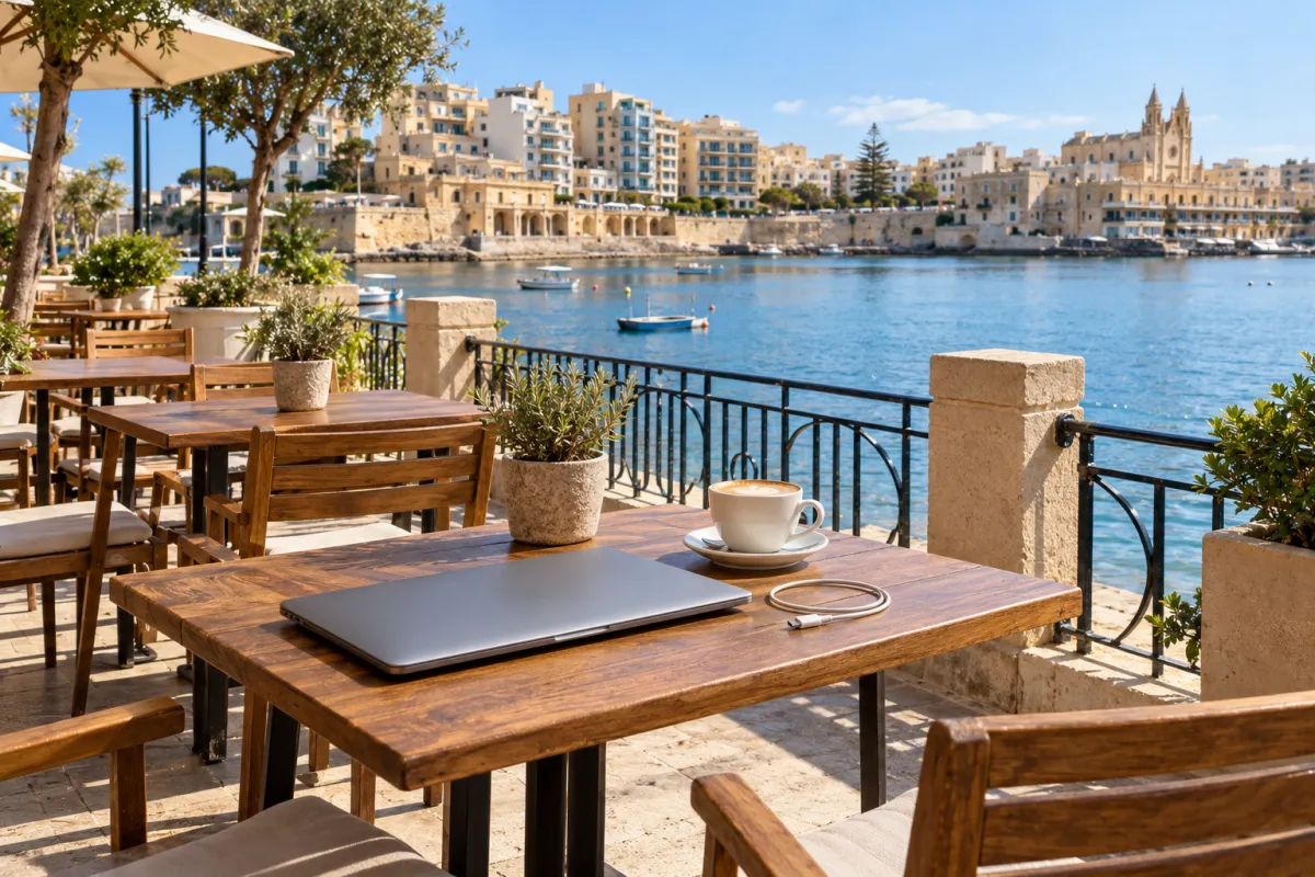 Seafront café terrace in St Julian's with a coffee and a closed laptop on a table
