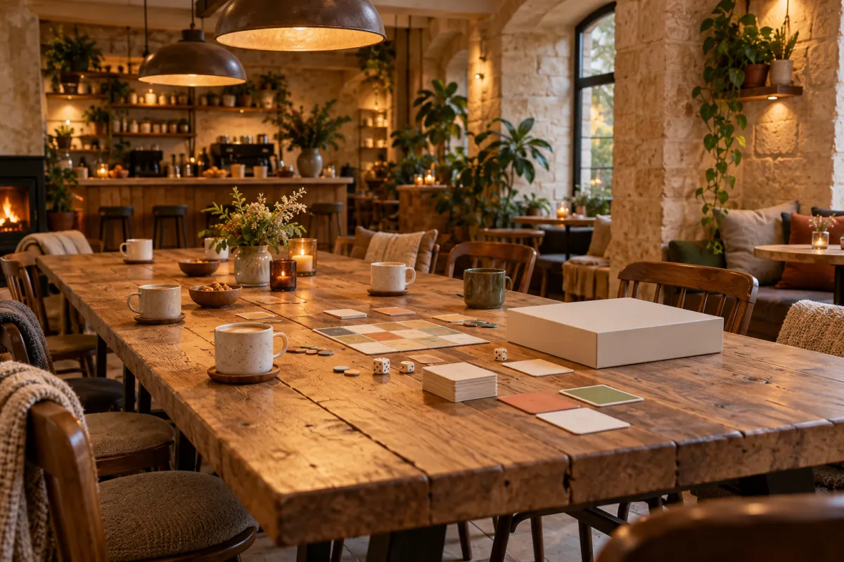 Communal café table with coffee cups and a board game ready to play