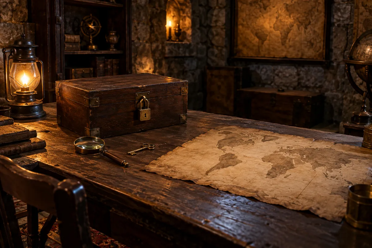 Illustration of an escape room table with a padlocked box, an old key and a magnifying glass under warm lamp light