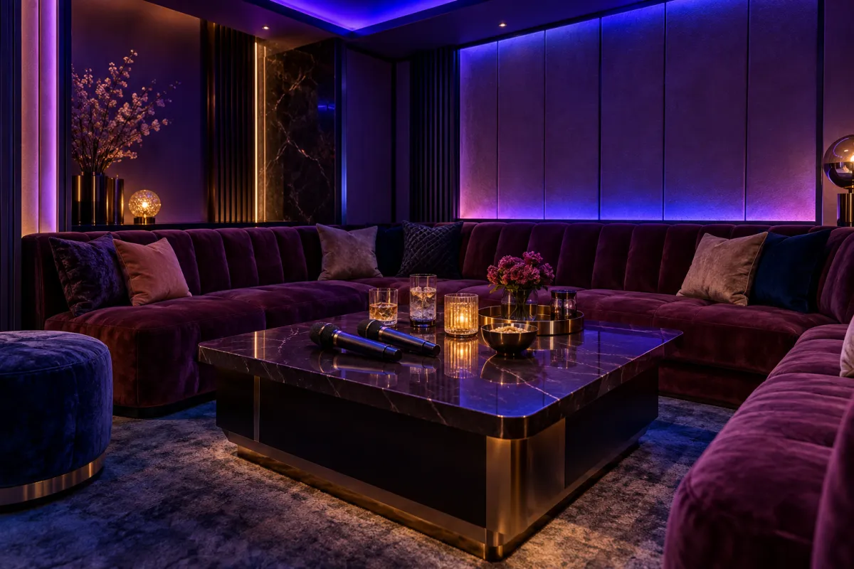 Empty private karaoke booth with sofas and microphones under neon lighting