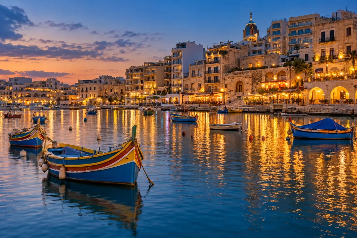 Spinola Bay in St Julian's at dusk with fishing boats and waterfront lights